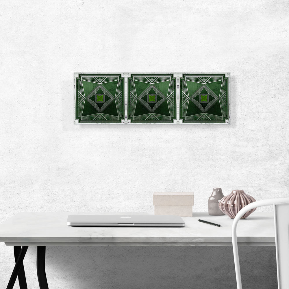 Art Deco White Geometric Lines on Green Panoramic