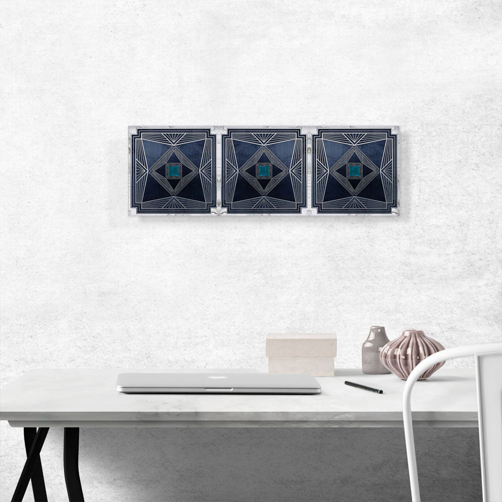 Art Deco White Geometric Lines on Navy Blue Panoramic