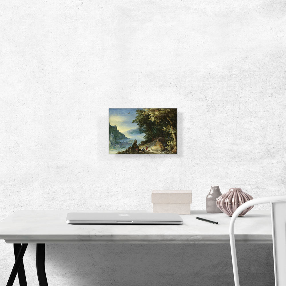 Mountainous River Landscape Travellers Overlooking a Distant Town