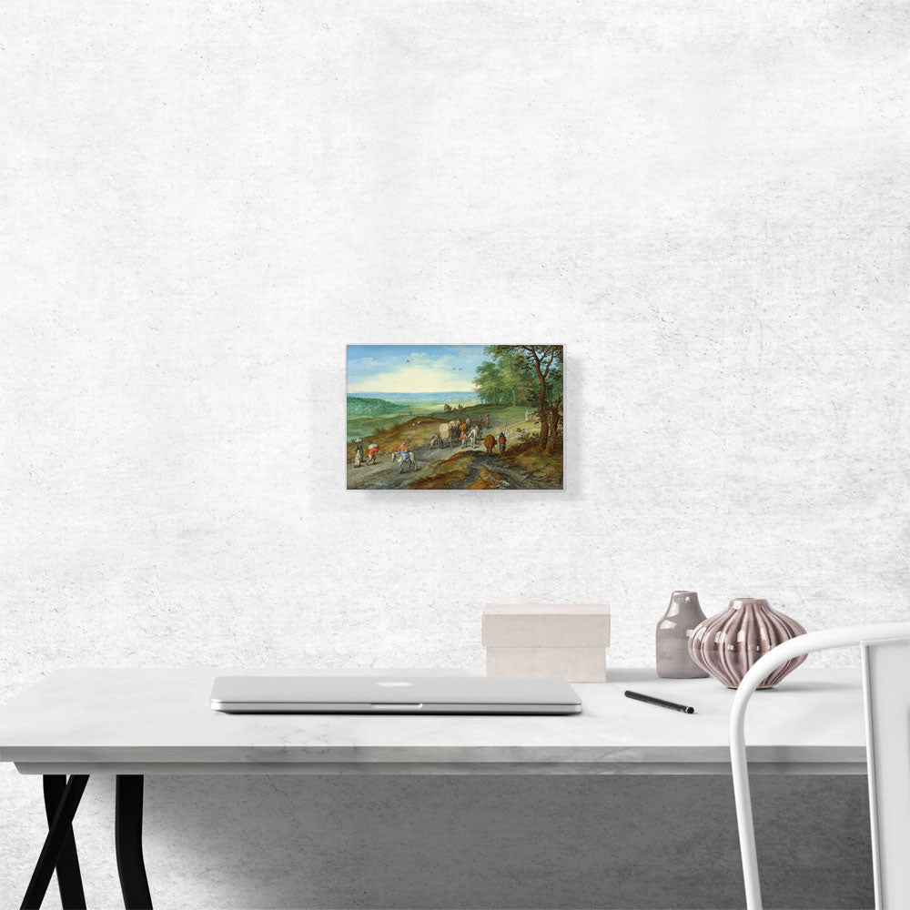 Panoramic Landscape With Covered Wagon Travelers On Highway