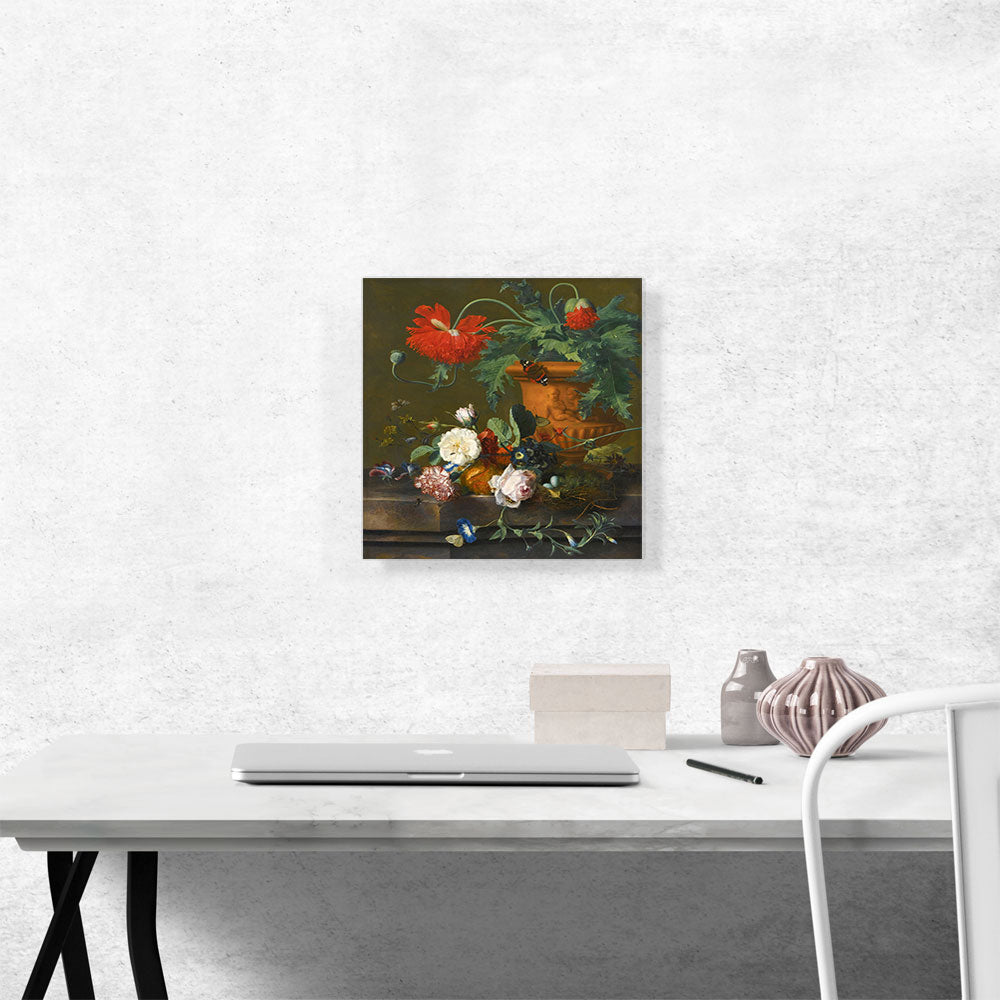 Still Life Poppies Terracotta Vase Roses Carnation Bird's Nest On Marble