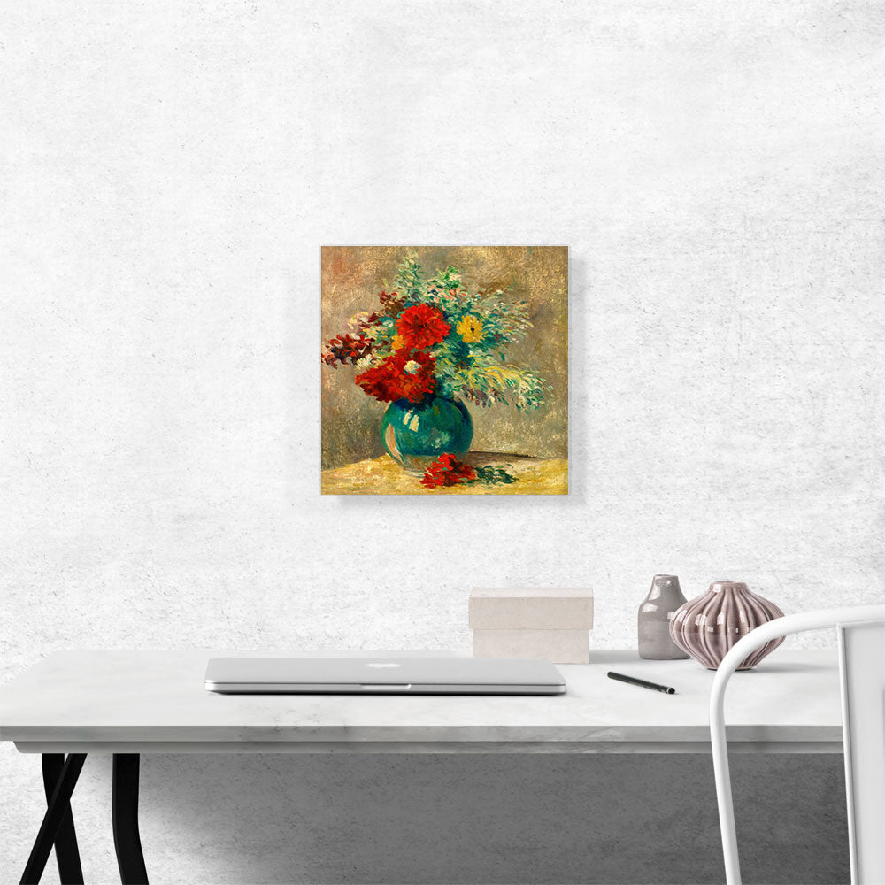 Green Vase With Multicolor Flowers Village Near River