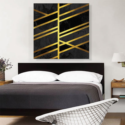 Art Deco Yellow Lines on Black Gray Square