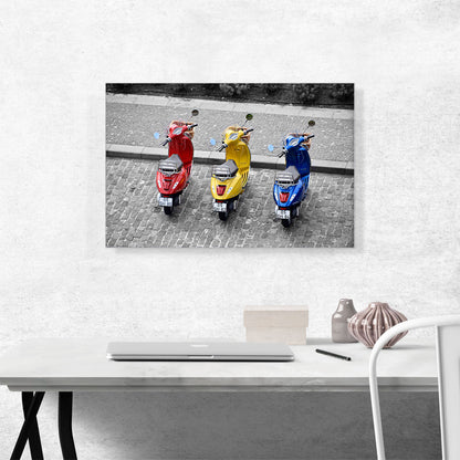 Red Yellow And Blue Vespa Scooters