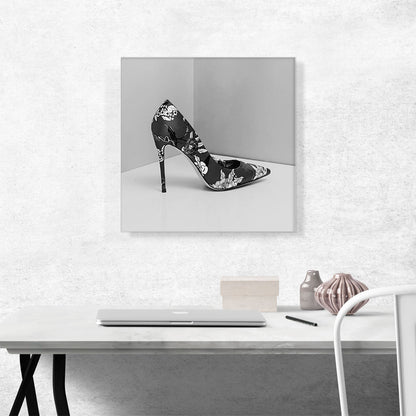 Black White Modern High Heels Shoe Stiletto Flower Pattern