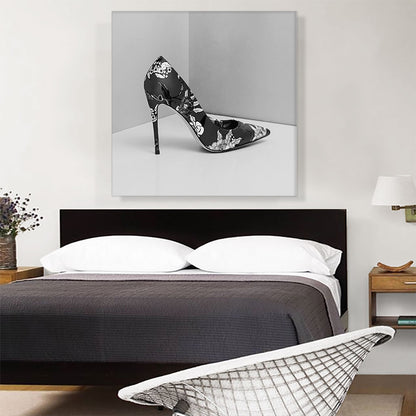 Black White Modern High Heels Shoe Stiletto Flower Pattern