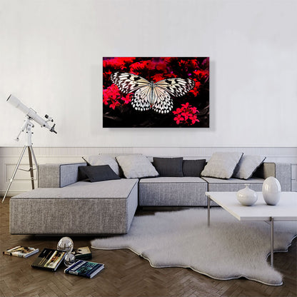 White Butterfly Over Red Flowers