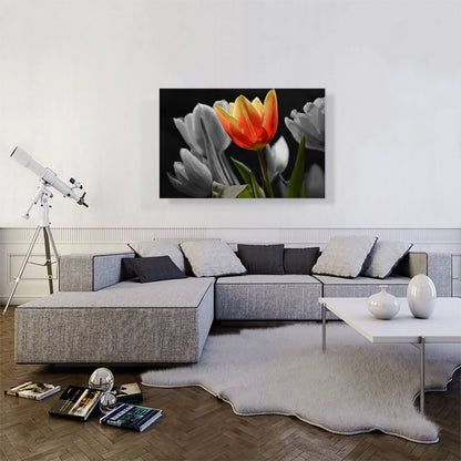 Orange Tulip In Garden Green Leaves