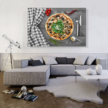 Pizza In Kitchen With Pepper, Onion And Tomatoes