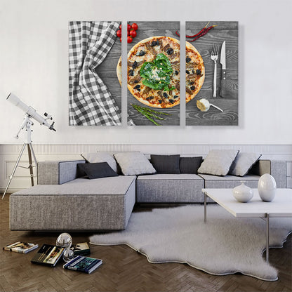 Pizza In Kitchen With Pepper, Onion And Tomatoes