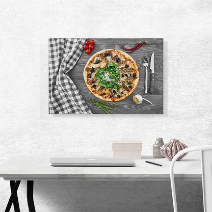 Pizza In Kitchen With Pepper, Onion And Tomatoes