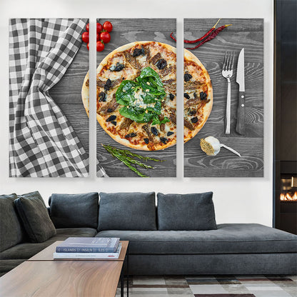 Pizza In Kitchen With Pepper, Onion And Tomatoes