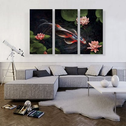 Red Koi Carp Fish Lotus Flower Pond Leaves