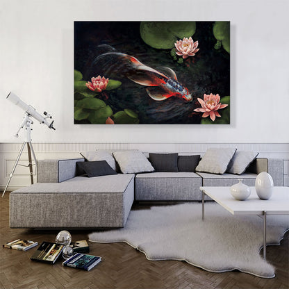 Red Koi Carp Fish Lotus Flower Pond Leaves
