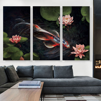 Red Koi Carp Fish Lotus Flower Pond Leaves