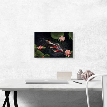 Red Koi Carp Fish Lotus Flower Pond Leaves