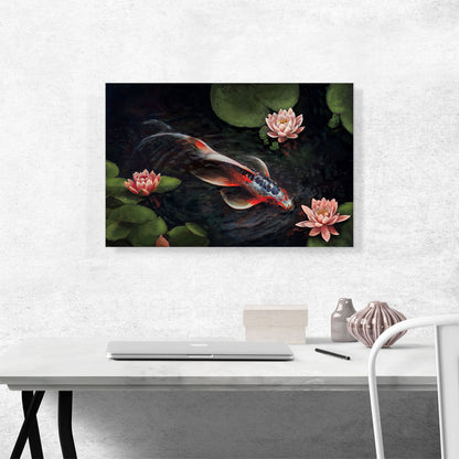Red Koi Carp Fish Lotus Flower Pond Leaves