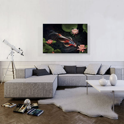 Red Koi Carp Fish Lotus Flower Pond Leaves