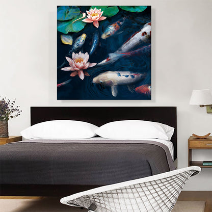 Red White Koi Carp Fish Pond Leaves Lotus Flower