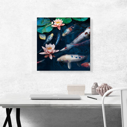 Red White Koi Carp Fish Pond Leaves Lotus Flower