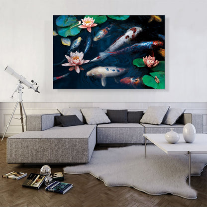 Red White Koi Carp Fish Pond Leaves Lotus Flowers