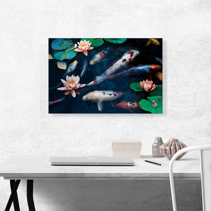 Red White Koi Carp Fish Pond Leaves Lotus Flowers