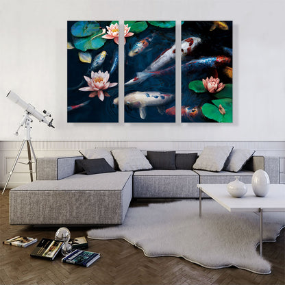 Red White Koi Carp Fish Pond Leaves Lotus Flowers