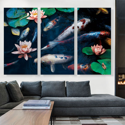 Red White Koi Carp Fish Pond Leaves Lotus Flowers