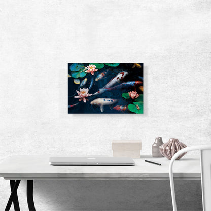 Red White Koi Carp Fish Pond Leaves Lotus Flowers