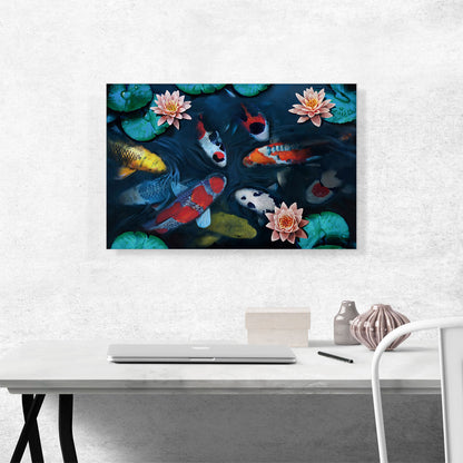 Gold Red Koi Carp Fish Pond Leaves Lotus Flower