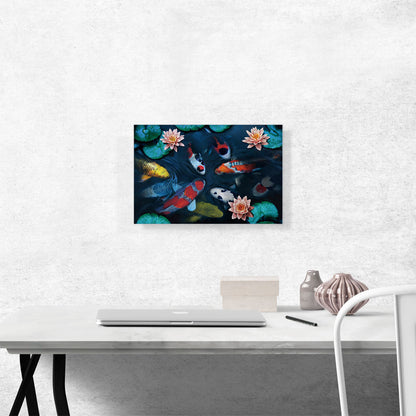 Gold Red Koi Carp Fish Pond Leaves Lotus Flower