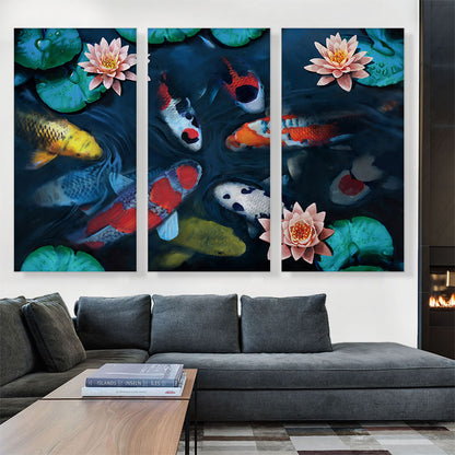 Gold Red Koi Carp Fish Pond Leaves Lotus Flower