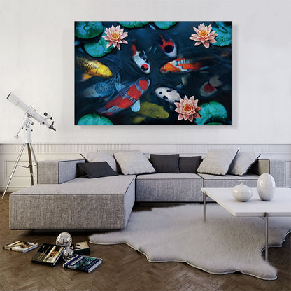 Gold Red Koi Carp Fish Pond Leaves Lotus Flower
