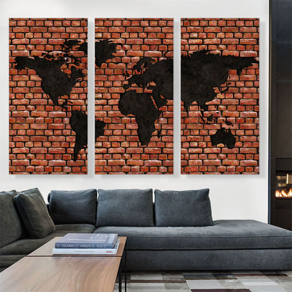 Printed Brick Photo Black World Map Globe