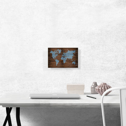 Rustic Dark Brown Printed Wood Baby Blue World Map