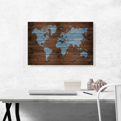 Rustic Dark Brown Printed Wood Baby Blue World Map