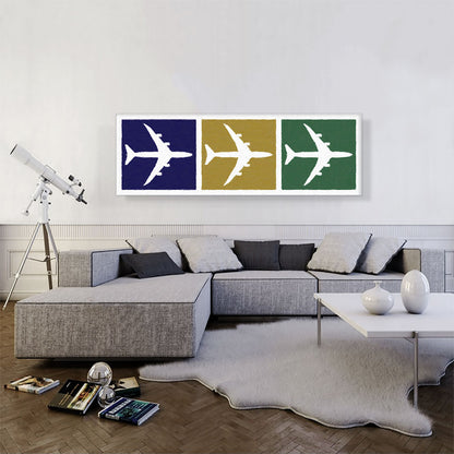 Mid-Century Modern Blue, Yellow, and Green Planes Top View