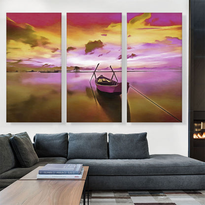 Boat On Pink River Painting Home decor