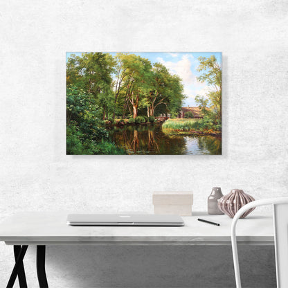 Forest Scenery With a House By a Stream