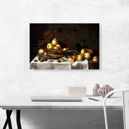 A basket With Fruit, a Silver Plate With Peaches and Pears