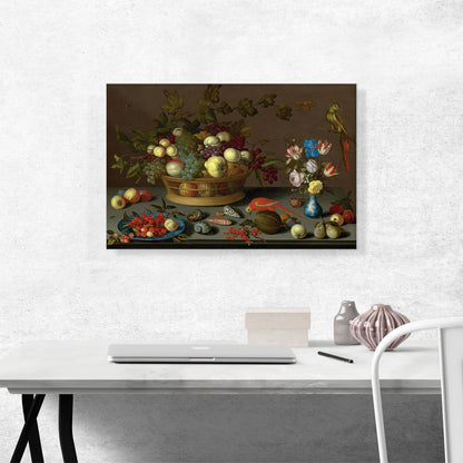Flowers in Vase, Fruit and Red Parrot