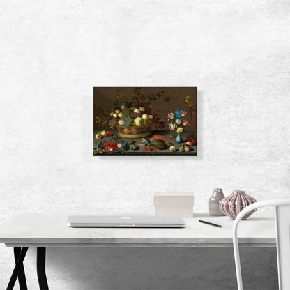 Flowers in Vase, Fruit and Red Parrot