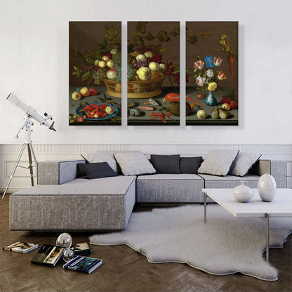 Flowers in Vase, Fruit and Red Parrot
