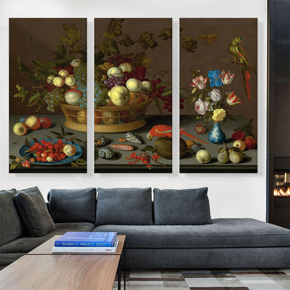 Flowers in Vase, Fruit and Red Parrot