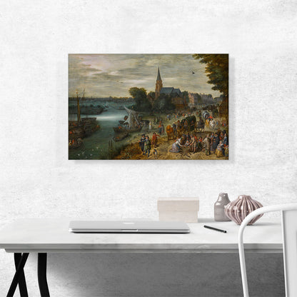 A Busy Townscape With Numerous Figures Arriving By Ferry Boat