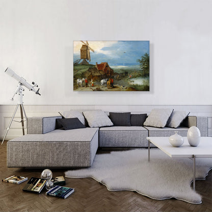 Landscape With a Windmill Various Figures Horses and Animals