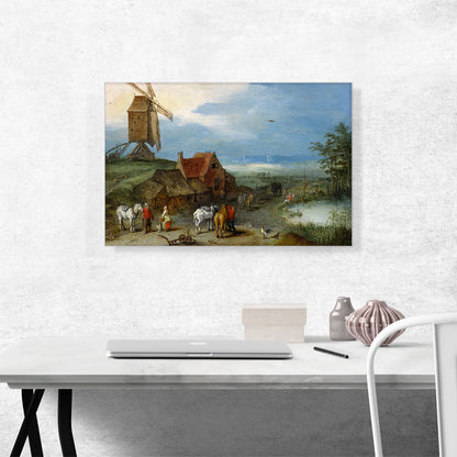 Landscape With a Windmill Various Figures Horses and Animals