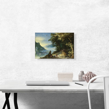 Mountainous River Landscape Travellers Overlooking a Distant Town