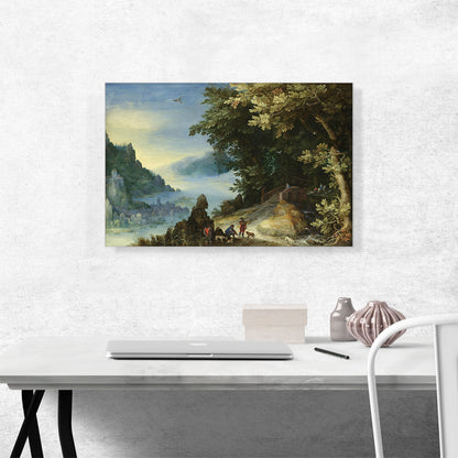 Mountainous River Landscape Travellers Overlooking a Distant Town