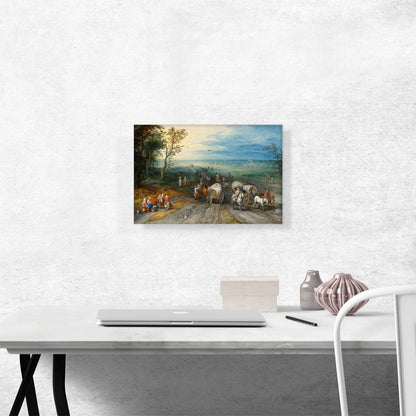 Panoramic Landscape Travellers Horses Carts Cattle On Sandy Road